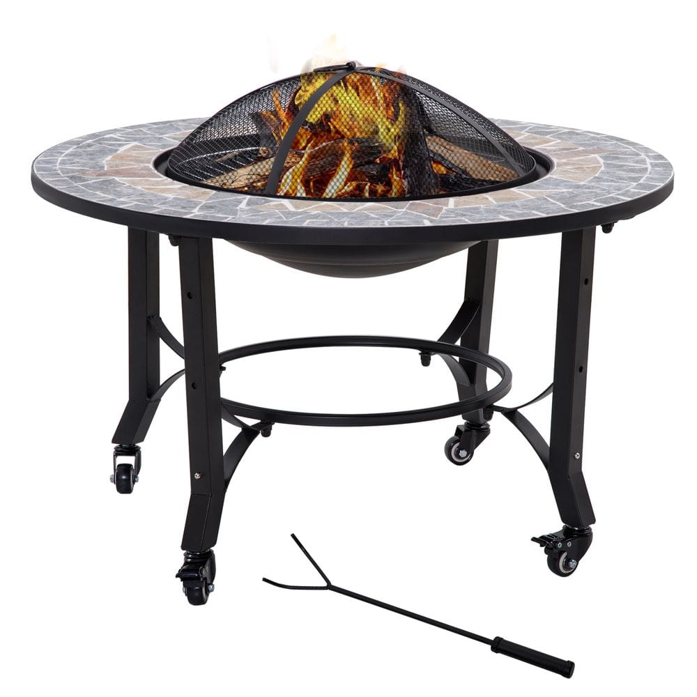 2-in-1 Outdoor Fire Pit Bowl on Wheels, Patio Heater & Cooking BBQ Grill, Mosaic TapClickBuy