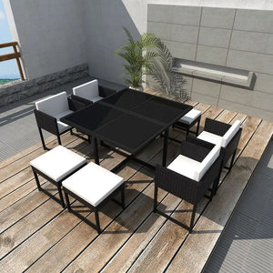 9 Piece Outdoor Dining Set with Cushions Poly Rattan Black TapClickBuy