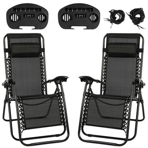 Black Sunloungers Recliner Set of 2, Zero Gravity Reclining Sun Lounger, Reclining Patio Garden Chairs Foldable Loungers With Cup Phone Holder Head Pillow, Perfect for Outdoor Patio Deck Poolside TapClickBuy