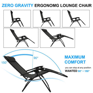 Black Sunloungers Recliner Set of 2, Zero Gravity Reclining Sun Lounger, Reclining Patio Garden Chairs Foldable Loungers With Cup Phone Holder Head Pillow, Perfect for Outdoor Patio Deck Poolside TapClickBuy