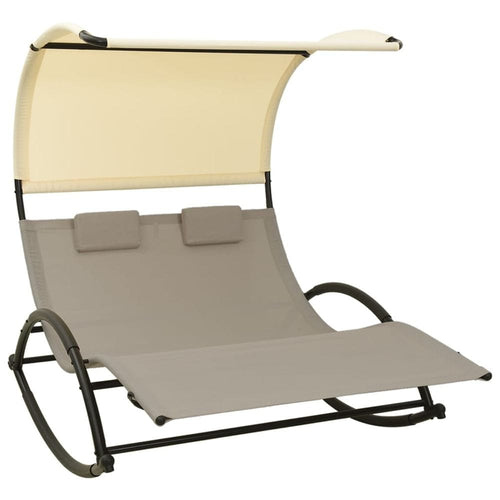 Double Sun Lounger with Canopy Textilene Taupe and Cream TapClickBuy