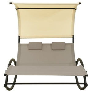 Double Sun Lounger with Canopy Textilene Taupe and Cream TapClickBuy