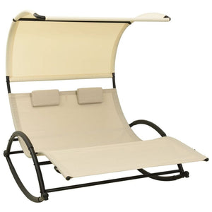 Double Sun Lounger with Canopy Textilene Taupe and Cream TapClickBuy