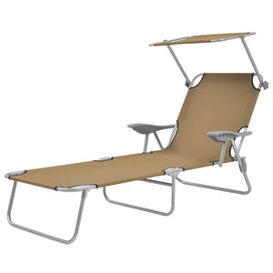 Folding Sun Lounger with Canopy Steel Taupe TapClickBuy