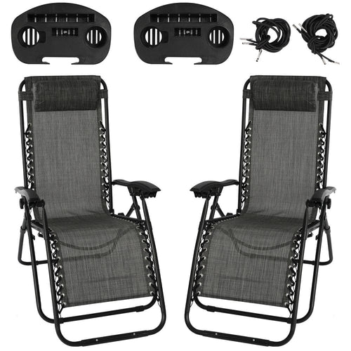 Grey Sunloungers Recliner Set of 2, Zero Gravity Reclining Sun Lounger, Reclining Patio Garden Chairs Foldable Loungers With Cup Phone Holder Head Pillow, Perfect for Outdoor Patio Deck Poolside TapClickBuy