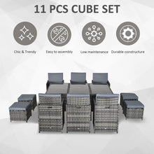 Load image into Gallery viewer, 11pc Rattan Garden Dining Set 10 Cube Sofa 6 Chairs 4 Footrests &amp; 1 Table - Grey TapClickBuy