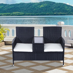 2-Seater PE Rattan Outdoor Garden Bench w/ Centre Table TapClickBuy