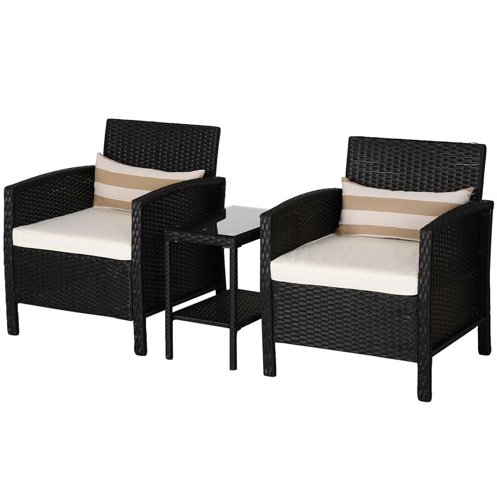 2-Seater PE Rattan Side Table & Armchair Bistro Set w/ Pillows Black TapClickBuy
