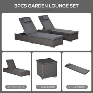 3 Piece Rattan Lounge Set, Side Table, 5-Position Adjustable Recline Chair, Grey TapClickBuy
