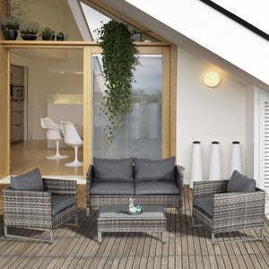 4 PCs PE Rattan Wicker Outdoor Dining Set w/ Sofa Chairs Glass Top Table Cushions Patio Garden Conservatory Furniture TapClickBuy