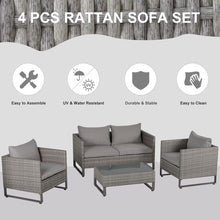 Load image into Gallery viewer, 4 PCs PE Rattan Wicker Outdoor Dining Set w/ Sofa Chairs Glass Top Table Cushions Patio Garden Conservatory Furniture TapClickBuy