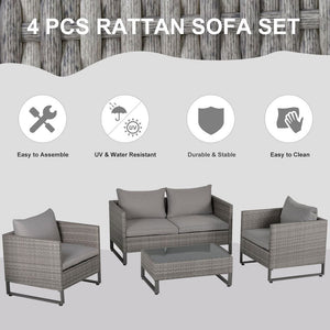 4 PCs PE Rattan Wicker Outdoor Dining Set w/ Sofa Chairs Glass Top Table Cushions Patio Garden Conservatory Furniture TapClickBuy