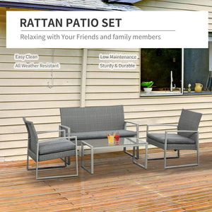 4 PCs PE Rattan Wicker Sofa Set Furniture Lawn Coffee Table & Cushion-Grey TapClickBuy