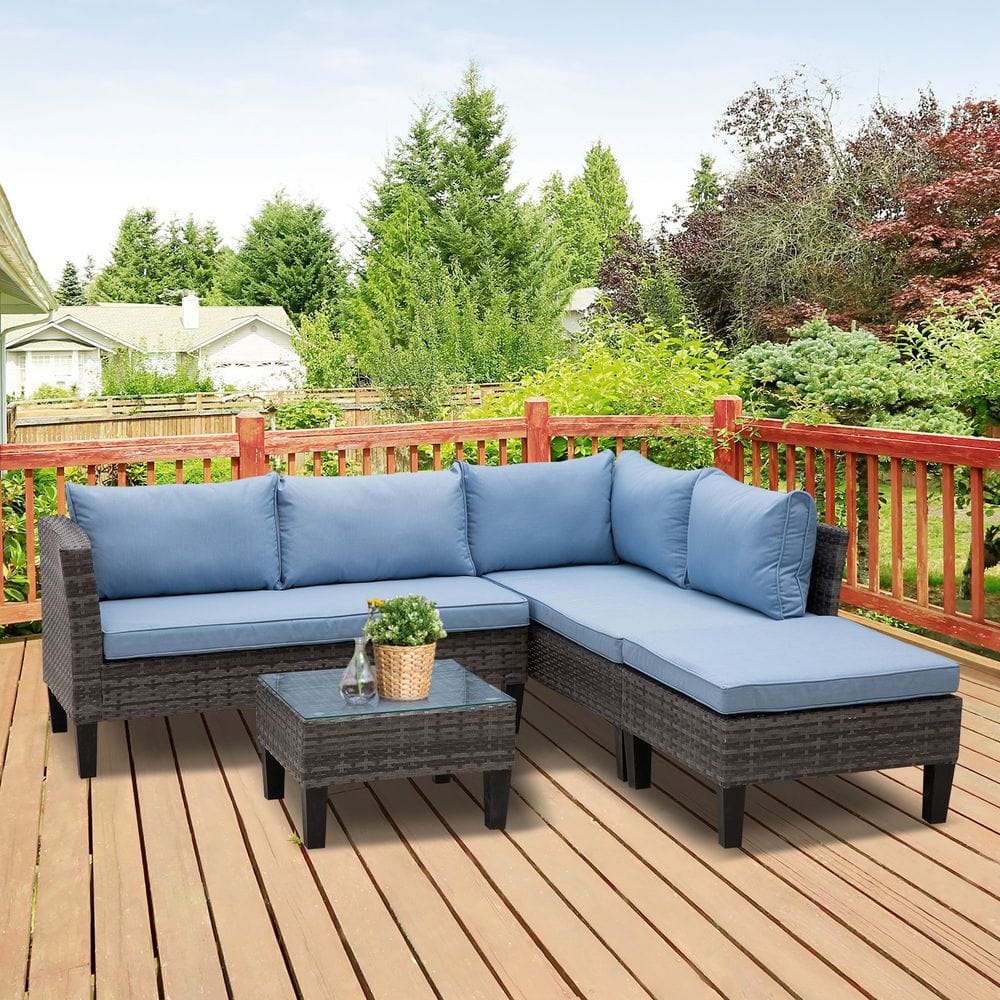 4-Seater Outdoor Garden PE Rattan Furniture Set Blue TapClickBuy