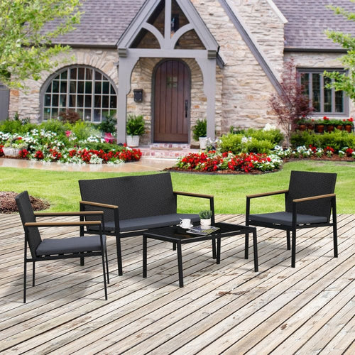 4-Seater Outdoor PE Rattan Table and Chairs Set Black TapClickBuy