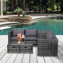 Load image into Gallery viewer, 4pcs Rattan Sofa Storage &amp; Table &amp; 2 Drawers Cushions Corner Trunk Coffee Grey TapClickBuy