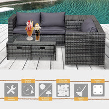 Load image into Gallery viewer, 4pcs Rattan Sofa Storage &amp; Table &amp; 2 Drawers Cushions Corner Trunk Coffee Grey TapClickBuy