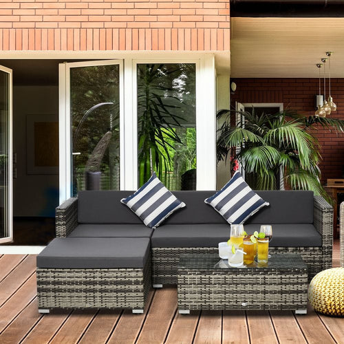 5PC Rattan  Furniture  Set Garden Sectional Wicker Sofa Glass Tepmpered Tea Table w/ Cushion Pillows TapClickBuy