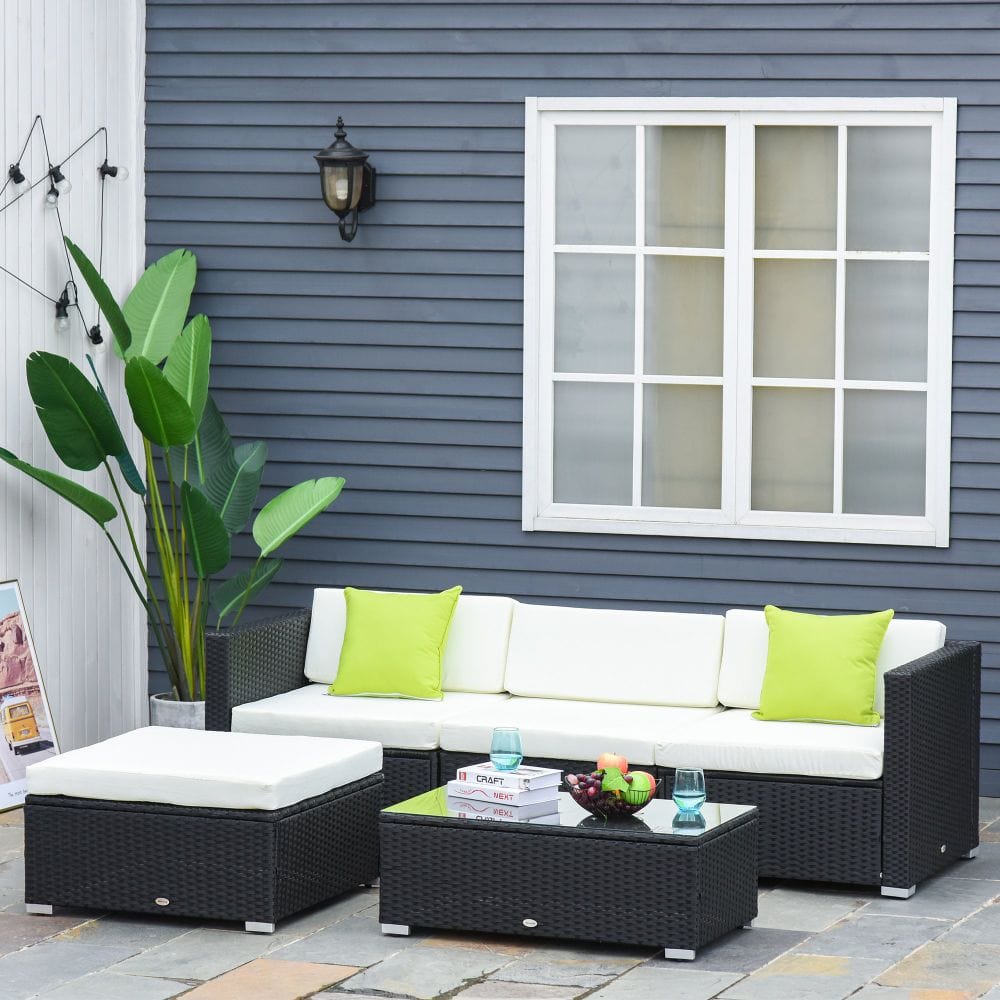5PC Rattan Furniture Set Wicker Sofa Glass Tempered Tea Table & Cushion Pillows TapClickBuy