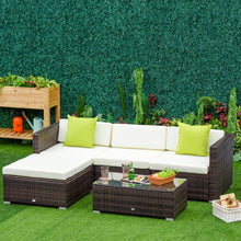 Load image into Gallery viewer, 5PC Rattan Furniture Set Wicker Sofa Glass Tempered Tea Table &amp; Cushion Pillows TapClickBuy