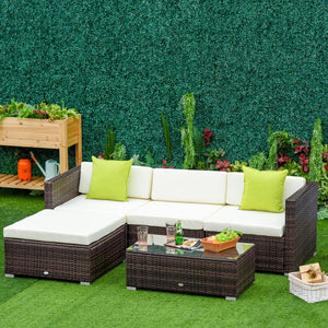 5PC Rattan Furniture Set Wicker Sofa Glass Tempered Tea Table & Cushion Pillows TapClickBuy