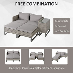 5pcs Rattan Sofa Set Lounge Double Sofa Bed & Coffee Table & Footstool Grey TapClickBuy