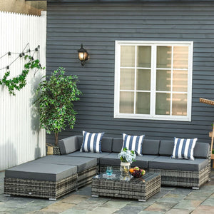 6 PC Rattan Sofa Coffee Table Set Sectional Wicker Weave Furniture for Garden Outdoor Conservatory w/ Pillow Cushion Grey TapClickBuy