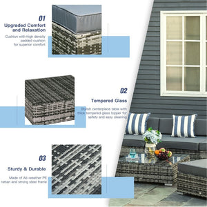 6 PC Rattan Sofa Coffee Table Set Sectional Wicker Weave Furniture for Garden Outdoor Conservatory w/ Pillow Cushion Grey TapClickBuy