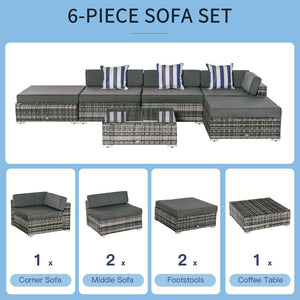 6 PC Rattan Sofa Coffee Table Set Sectional Wicker Weave Furniture for Garden Outdoor Conservatory w/ Pillow Cushion Grey TapClickBuy