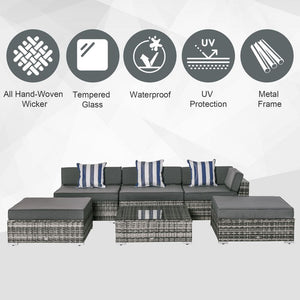 6 PC Rattan Sofa Coffee Table Set Sectional Wicker Weave Furniture for Garden Outdoor Conservatory w/ Pillow Cushion Grey TapClickBuy