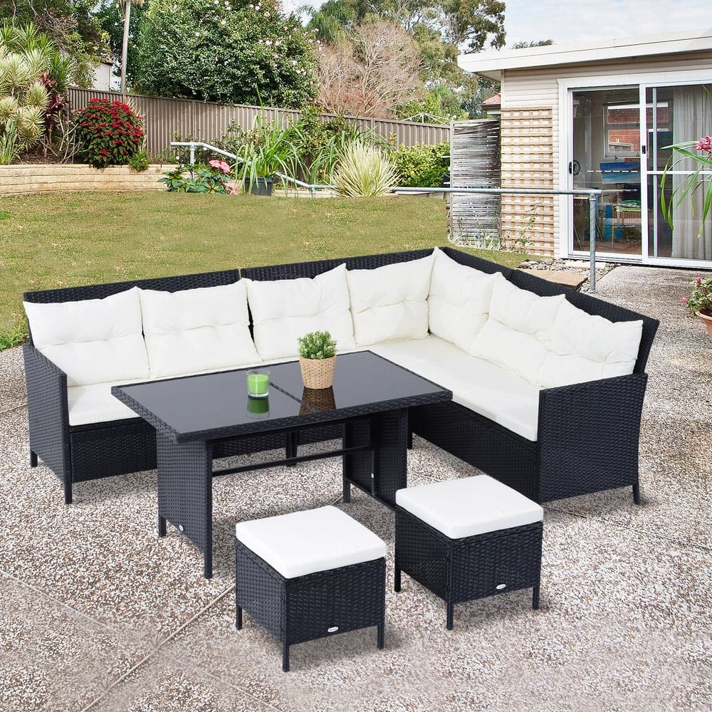 6PC Garden Rattan Corner Dining Sofa 7-seater Wicker Table Foot Stool TapClickBuy