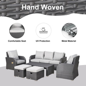 7-Seater Outdoor Garden Rattan Furniture Set w/ Recliners Grey TapClickBuy