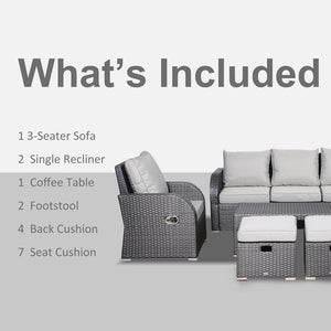 7-Seater Outdoor Garden Rattan Furniture Set w/ Recliners Grey TapClickBuy
