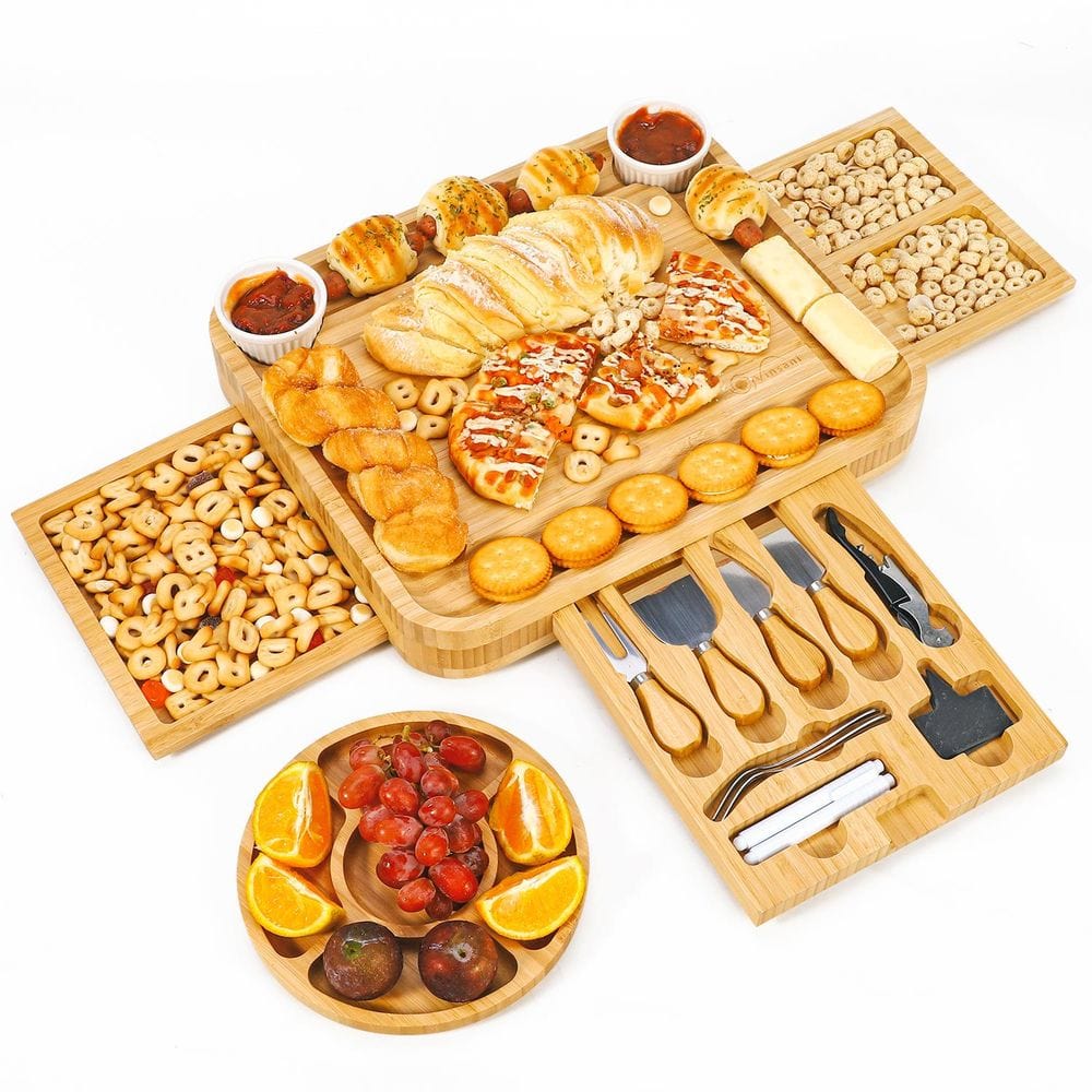 Bamboo Cheese Board Platter Set Wooden Charcuterie Serving Platter Tray TapClickBuy