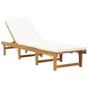 Folding Sun Lounger with Cushion Solid Wood Acacia Cream White TapClickBuy