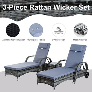 Garden Rattan Furniture 3 PC Sun Lounger Recliner Bed Chair Set with Side Table Patio Wicker-Grey TapClickBuy