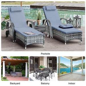 Garden Rattan Furniture 3 PC Sun Lounger Recliner Bed Chair Set with Side Table Patio Wicker-Grey TapClickBuy