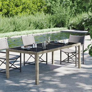 Garden Table Grey 190x90x75 cm Tempered Glass and Poly Rattan TapClickBuy