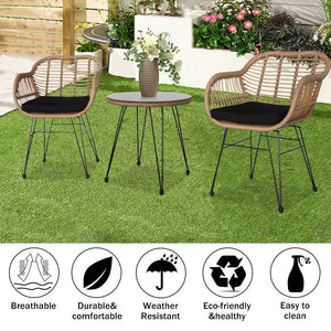 Oshion 3 pcs Wicker Rattan Patio Conversation Set with Tempered Glass Table Flaxen Yellow TapClickBuy
