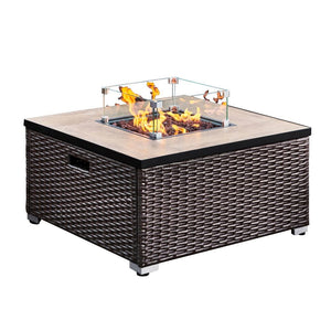 Outdoor Garden Rattan Gas Fire Pit Table with Screen, Rocks & Cover TapClickBuy