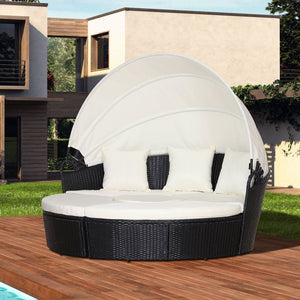 PE Rattan 5-Piece Outdoor Garden Round Sofa w/ Canopy Black TapClickBuy