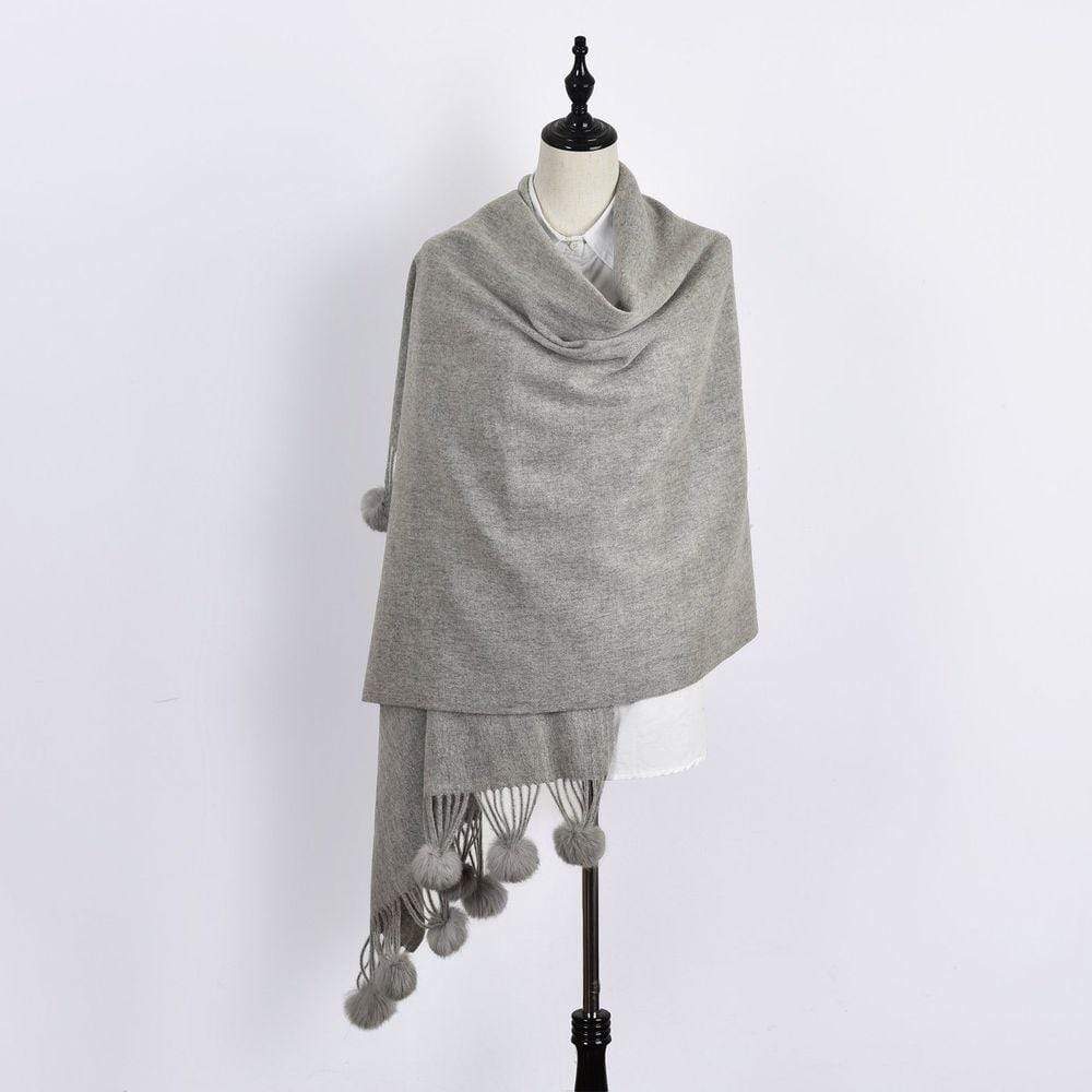 Pom Pom Scarf in Soft & Cosy Wool with Tassels in Light Grey TapClickBuy
