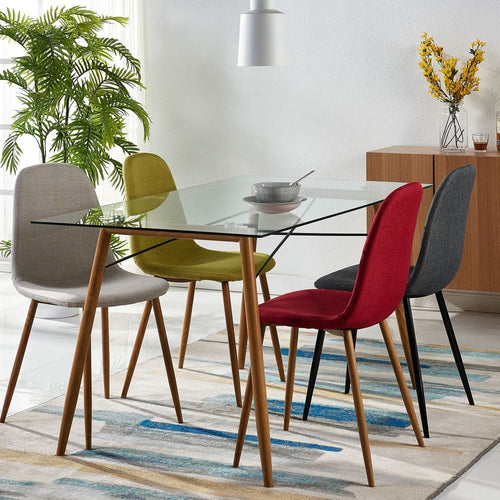 Set of 2 Kitchen Dining Chairs, White Fabric & Wood Grain Legs TapClickBuy