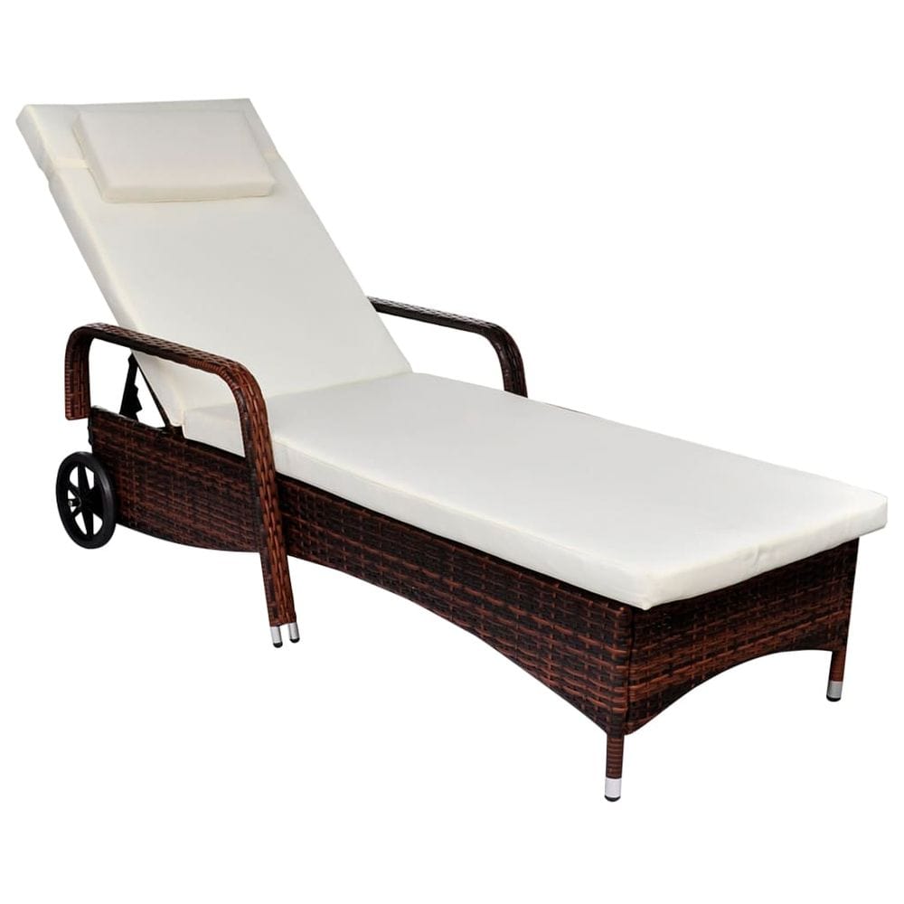 Sun Lounger with Wheels Poly Rattan Brown TapClickBuy