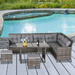 6PC Garden Rattan Corner Dining Sofa 7-seater Wicker Table Foot Stool TapClickBuy